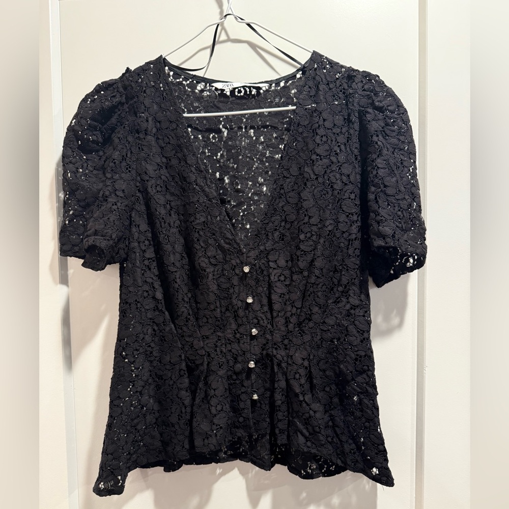 Zara‎ Black Puff Sleeve Peplum Blouse Size Small